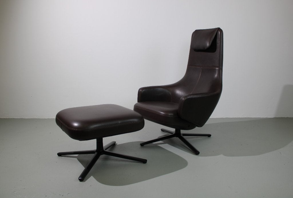 Vitra Repos fauteuil met ottoman, Chocolate bruin, Ophalen, Zo goed als nieuw, 50 tot 75 cm, Leer