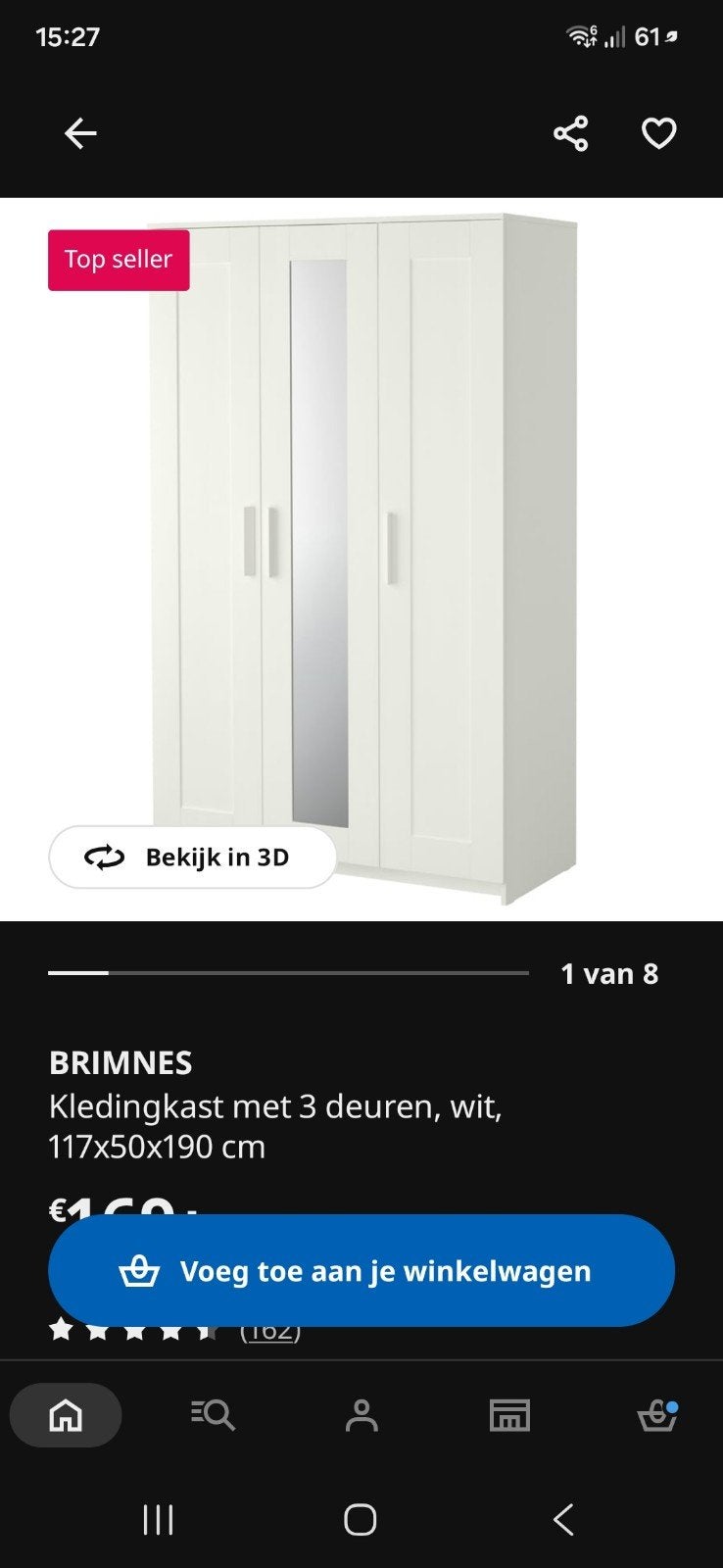 IKEA BRIMNES Kledingkast met 3 deuren, wit, Huis en Inrichting, Ophalen, 100 tot 150 cm, Zo goed als nieuw, Modern