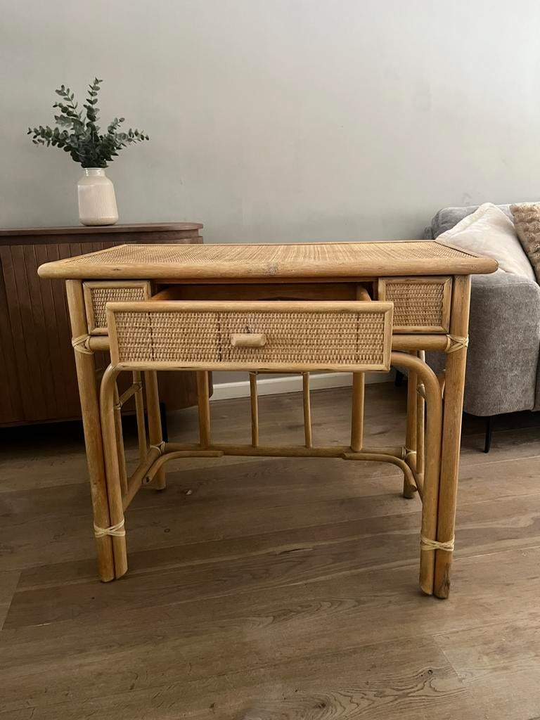 Bureau met Lade Rotan Bamboe - Vintage Stijl, Huis en Inrichting, Bureaus, Ophalen, Gebruikt