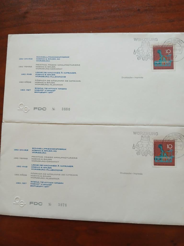Eerste Dag Enveloppen Koenig & Bauer Würzburg. € 5,00, Ophalen of Verzenden, Envelop