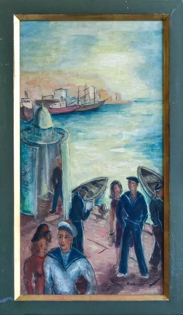 ===gesigneerd===matrozen in de haven===uit 1947===, Antiek en Kunst, Ophalen of Verzenden