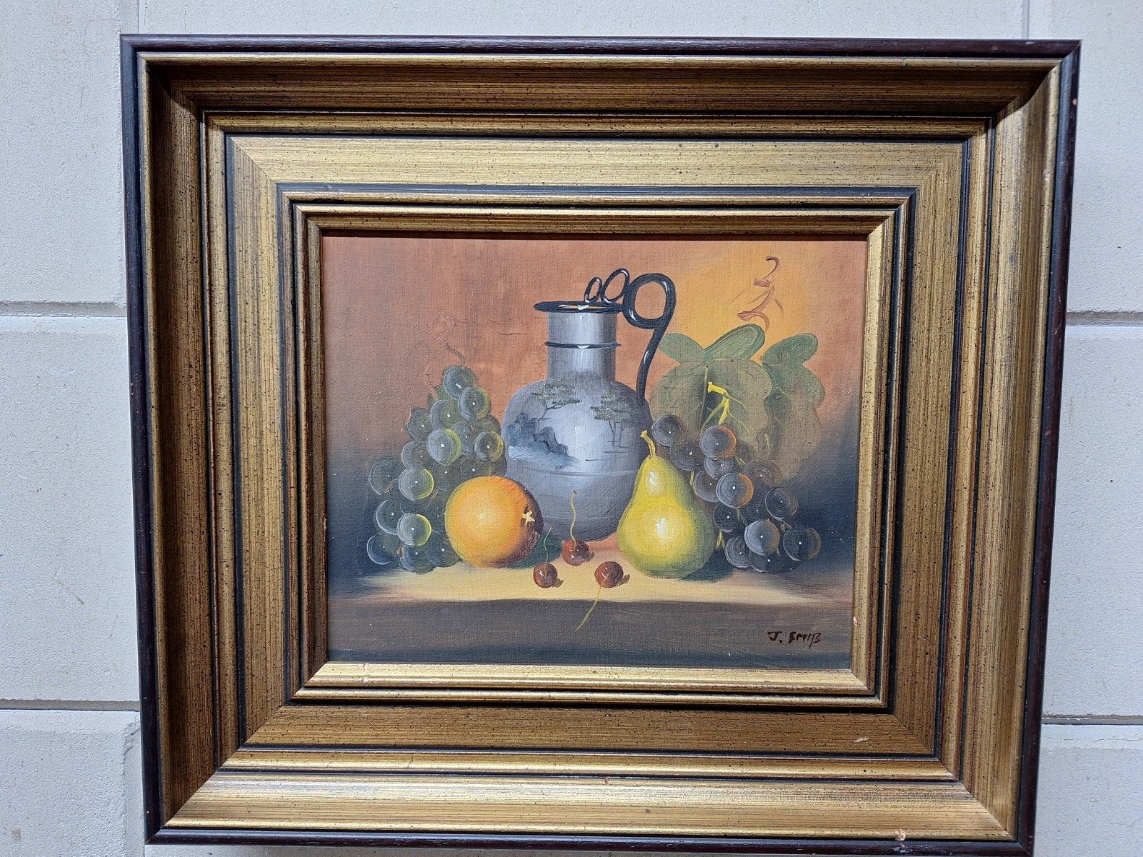 Stilleven met fruit en kan, gesigneerd, Antiek en Kunst, Origineel werk, Doek, Realistisch, Stilleven