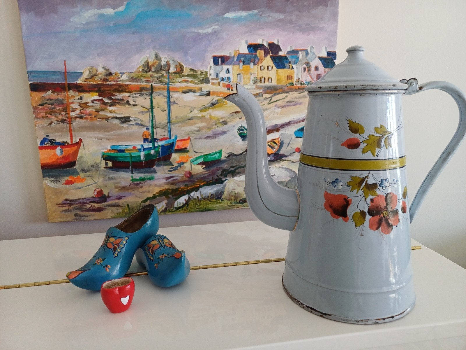 Blauwe Franse koffiepot met handgeschilderde bloemen, Ophalen of Verzenden