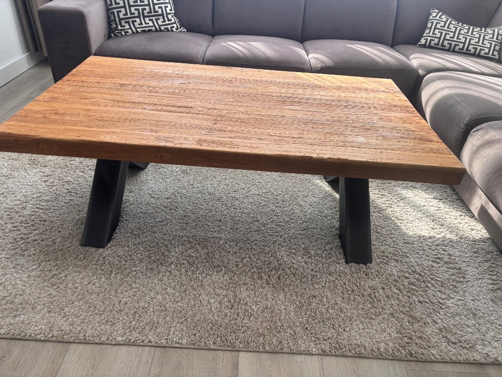 Salontafel met stalen X onderstel zwart, Huis en Inrichting, Ophalen, Gebruikt, 100 tot 150 cm, 50 tot 100 cm