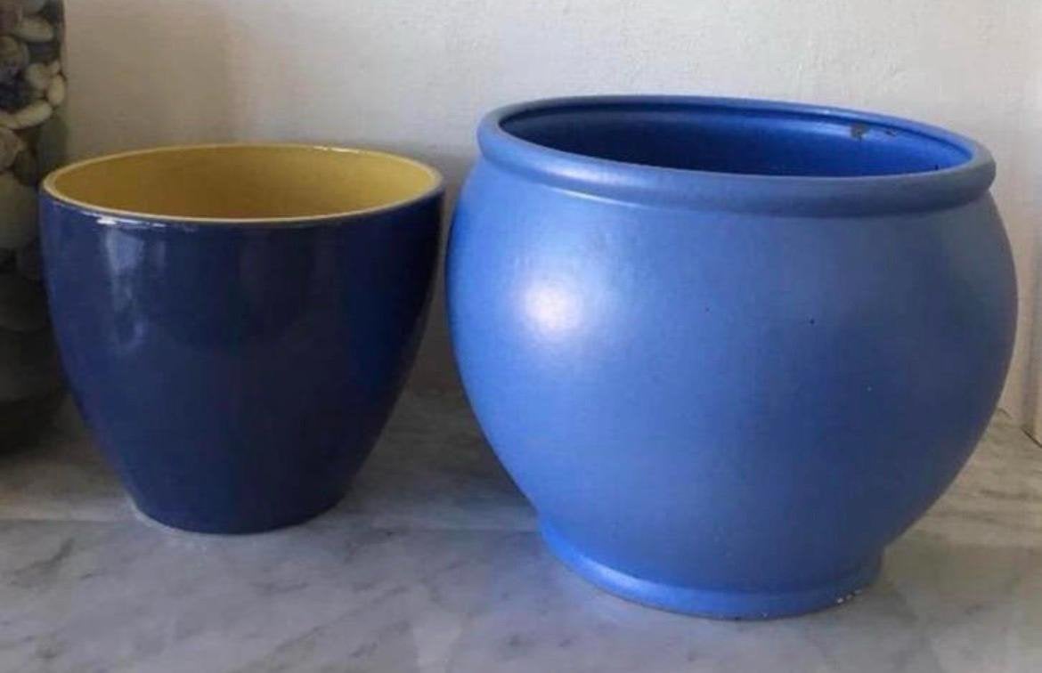 Prachtige vintage West-Germany bloempotten blauw geglazuurd, Tuin en Terras, Bloempotten, Ophalen, Rond, Binnen, Zo goed als nieuw