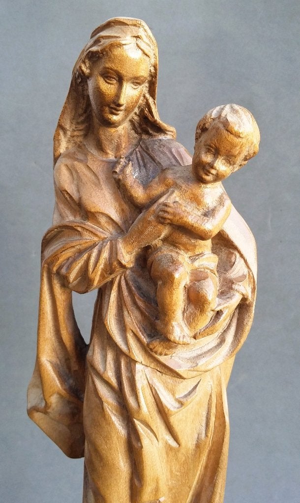 Omstreeks 1950 Lindenhout Maria met Kind Beeld Sculptuur, Gepatineerd, Ophalen of Verzenden, 20 - 50 cm, Beeld