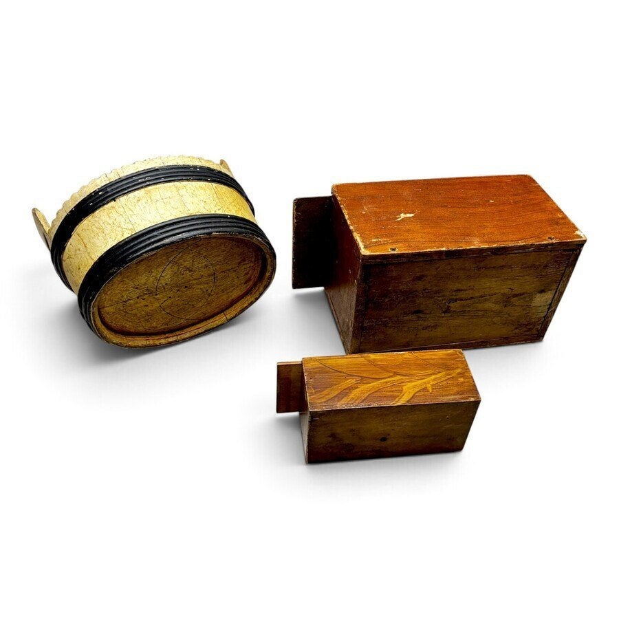Lot houten objecten (3x), o.a. gekuipt bakje, Ophalen of Verzenden