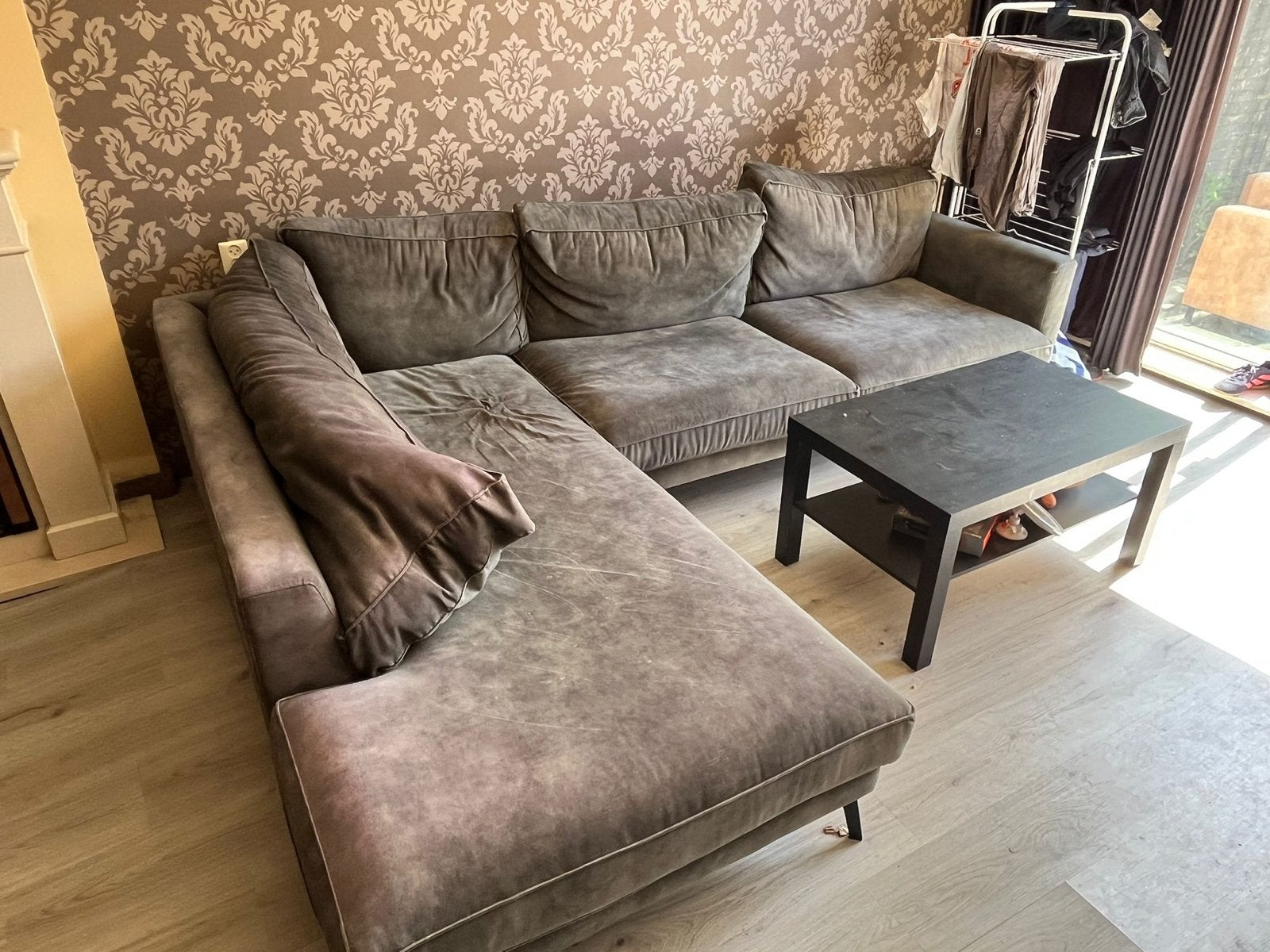 Comfortabele hoekbank in groen/grijze stof, Huis en Inrichting, Banken | Bankstellen, Ophalen, 250 tot 300 cm, Gebruikt, Hoekbank