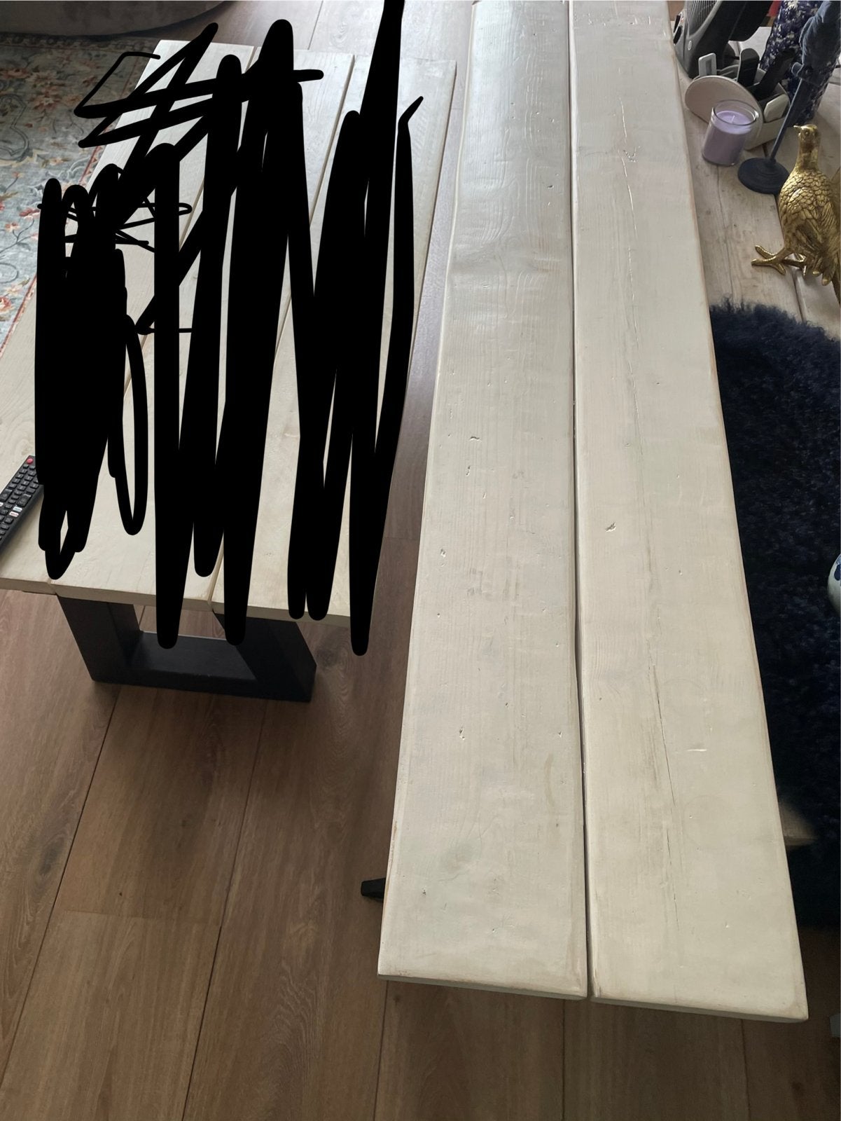 Robuuste salontafel van licht hout met zwart onderstel, Ophalen, Gebruikt, 100 tot 150 cm, 50 tot 100 cm