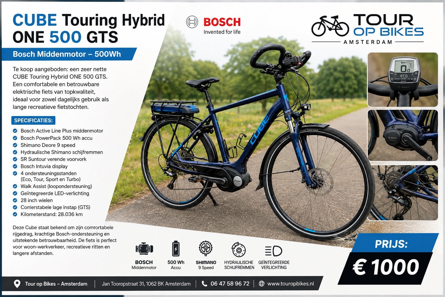 CUBE Touring Hybrid ONE 500 GTS – Bosch Middenmotor – 500Wh, Ophalen, Zo goed als nieuw, Cube
