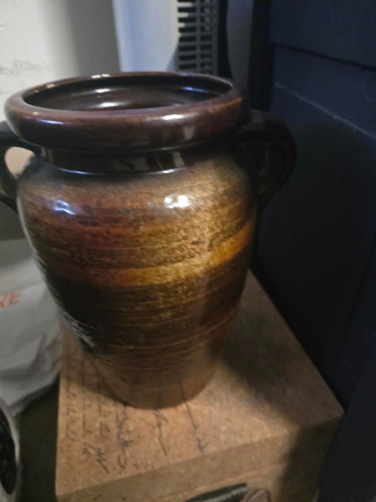 Vintage Oostenrijkse Keramische Vaas - Bruin Gestreepte Pot, Antiek en Kunst, Antiek | Vazen, Ophalen of Verzenden