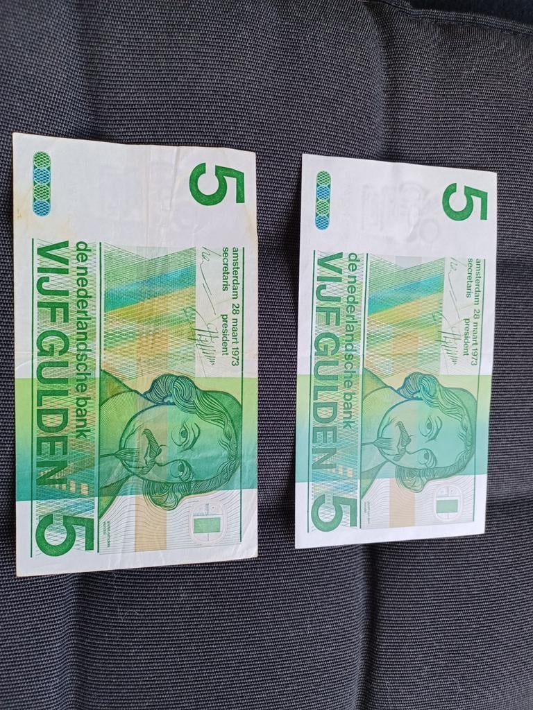 Twee zeldzame 5 gulden biljetten uit 1973, Postzegels en Munten, Bankbiljetten | Nederland, Ophalen of Verzenden, Los biljet