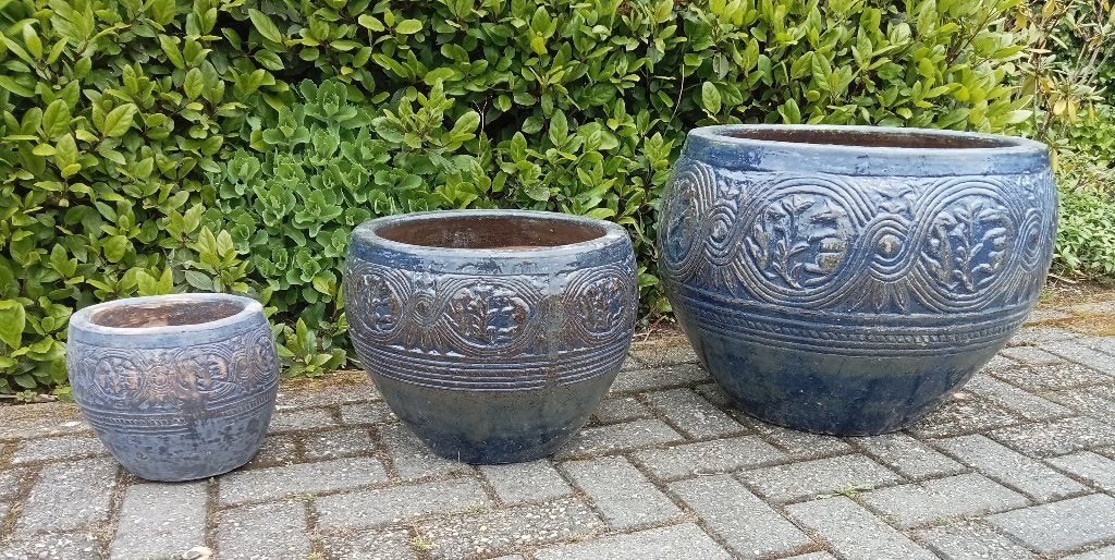 Prachtige grote geglazuurde potten in de kleur 'old bleu',, Ophalen, Gebruikt