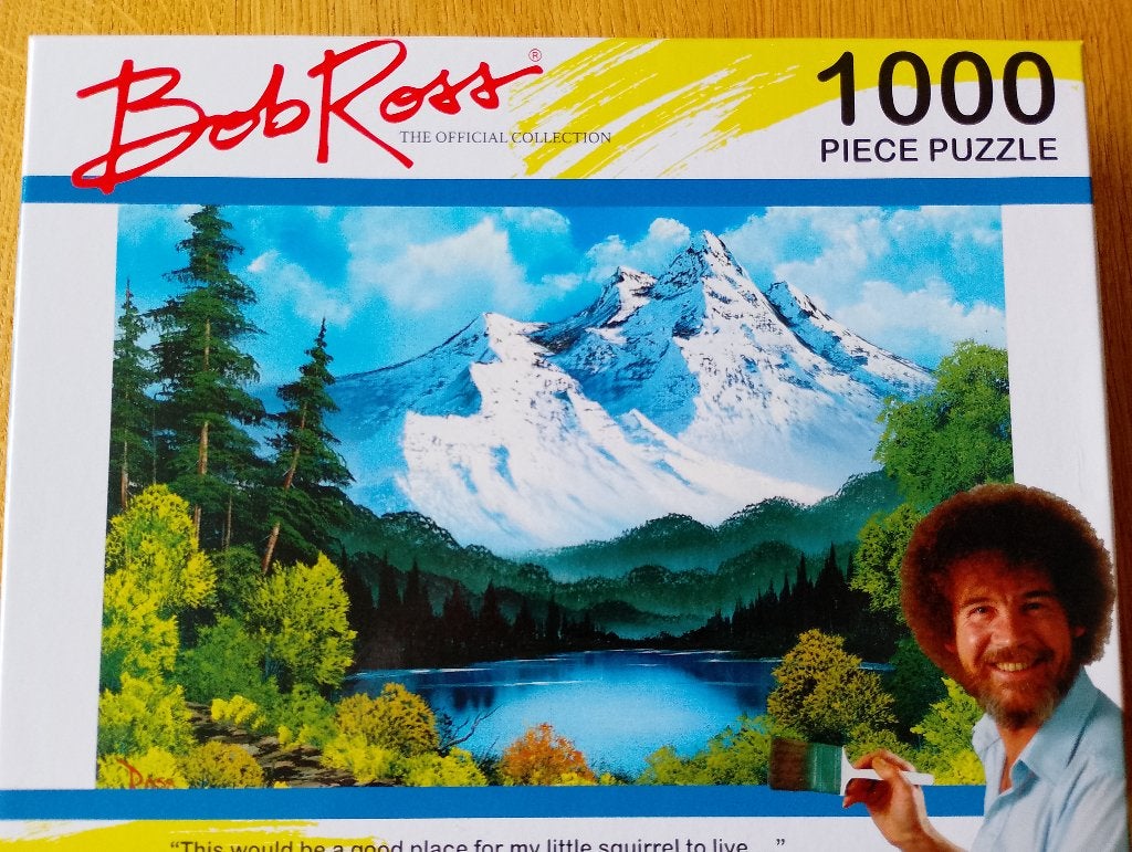 Puzzel Bob Ross 1000 stukjes besneeuwde bergen, Ophalen of Verzenden, 500 t/m 1500 stukjes, Gebruikt, Legpuzzel