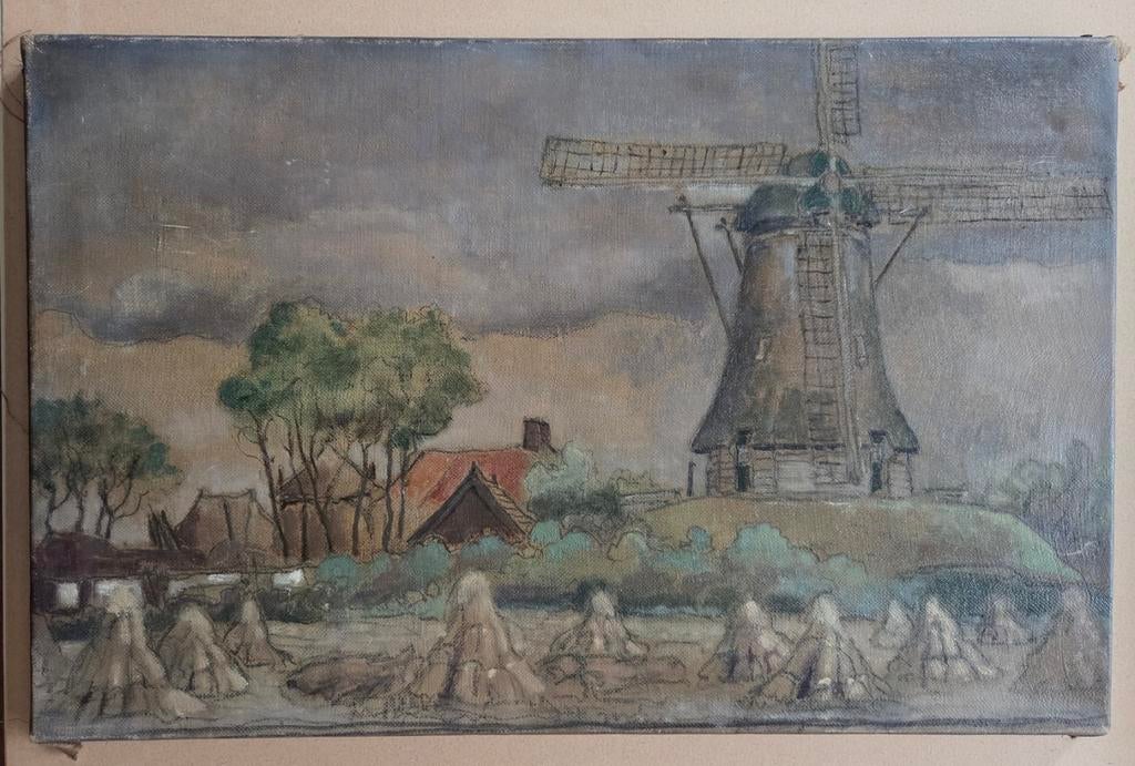 Piet Rezelman. Molen. Boerderij. Olieverf op doek., Antiek en Kunst, Kunst | Etsen en Gravures, Ophalen of Verzenden