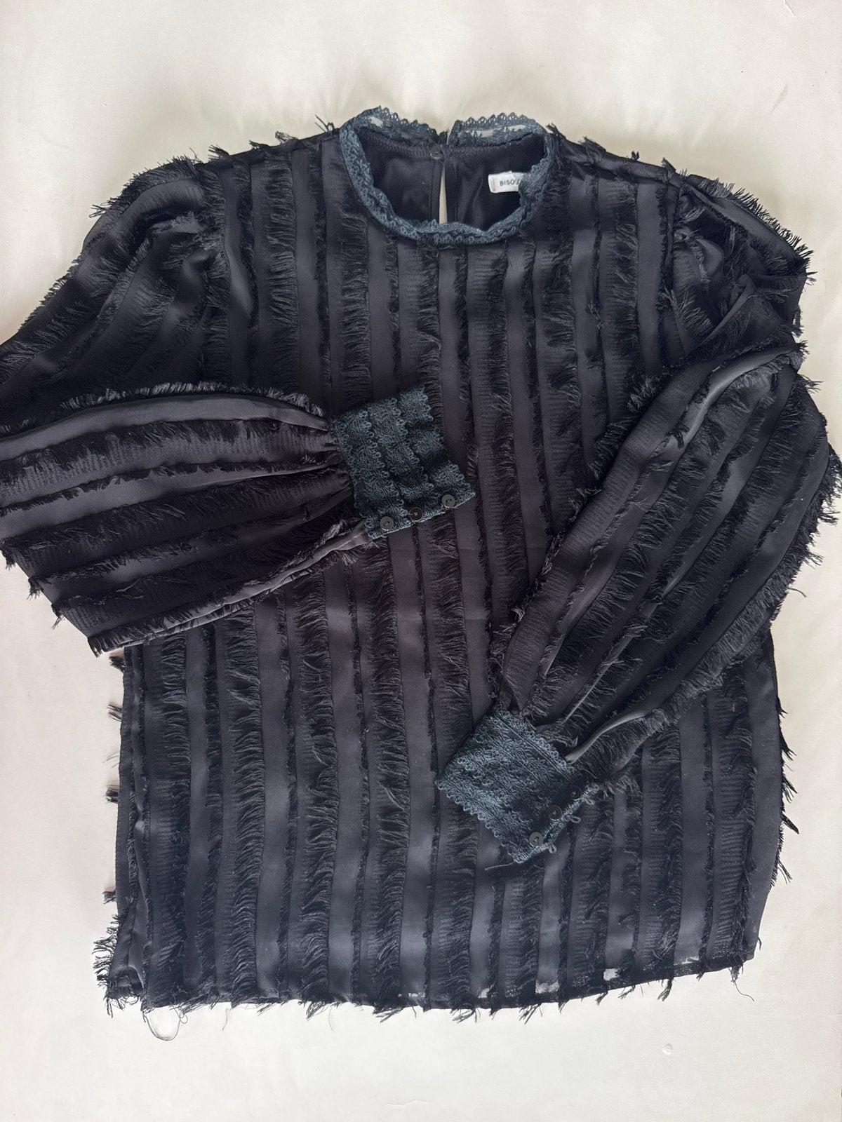 Bisou's Project Zwarte Blouse met Franjes en Kant, Zwart, Ophalen of Verzenden, Zo goed als nieuw, Lange mouw