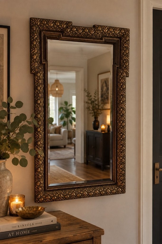 Grote vintage barok spiegel met goudkleurige lijst, Ophalen of Verzenden, Rechthoekig