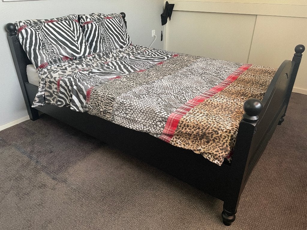 Houten 2 persoons bed vintage, Ophalen, Gebruikt, Zwart, Tweepersoons