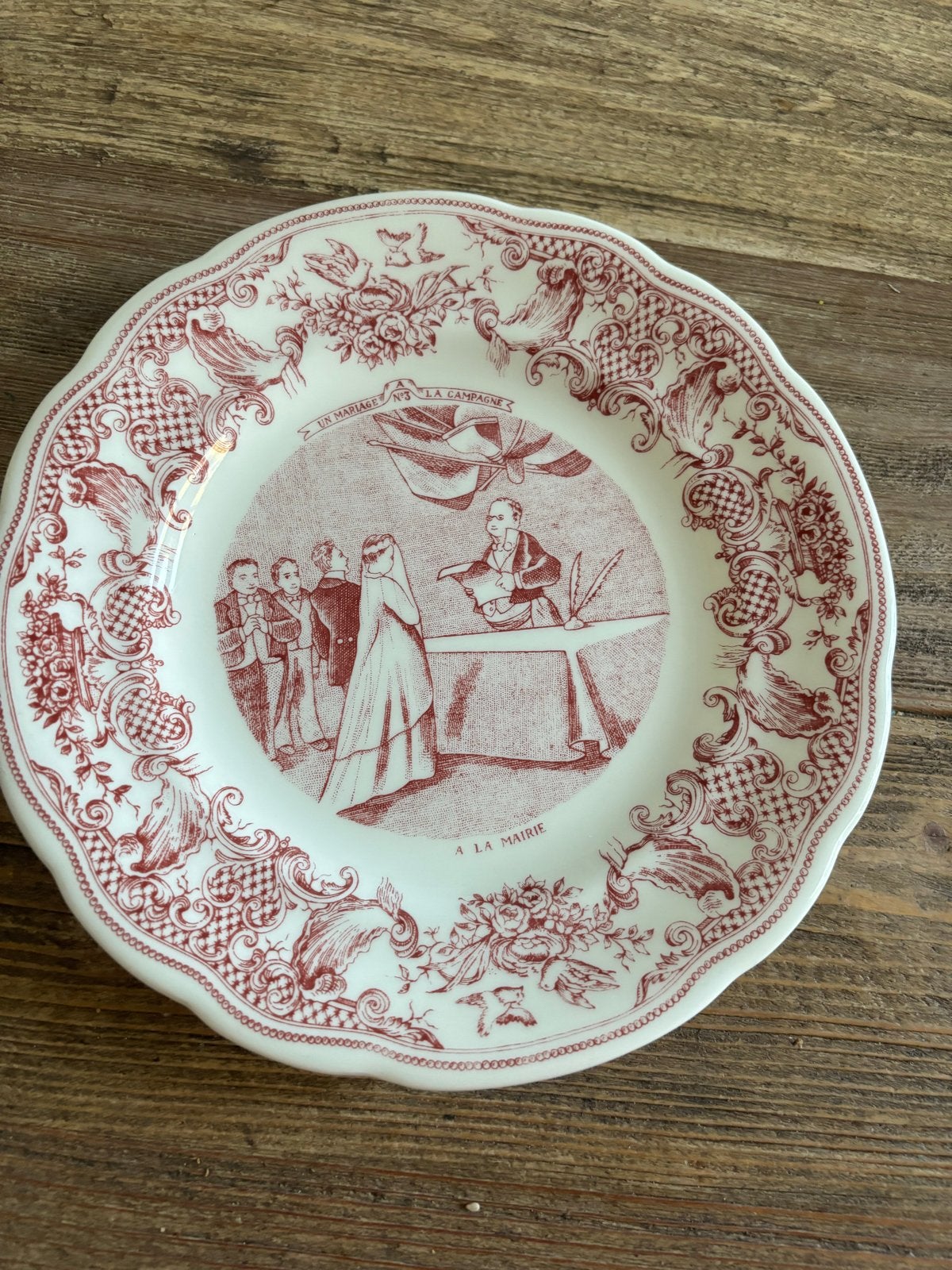Set van 4 antieke Gien borden 'Un Mariage à la Campagne', Ophalen of Verzenden