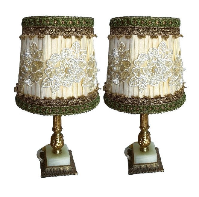2 Brocante tafellampen antiek onyx steen - messing lamp voet