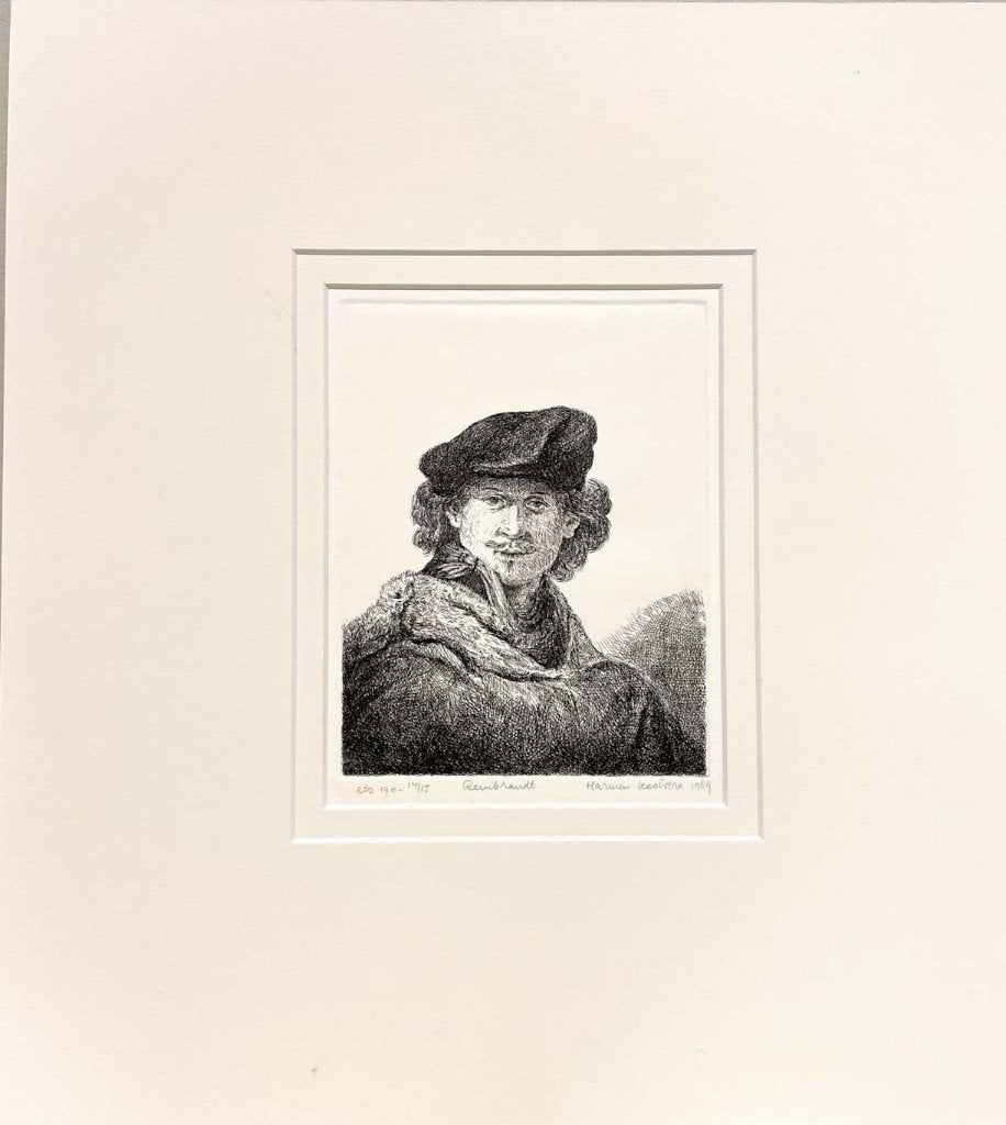 Harmen Kooistra - ets naar Zelfportret Rembrandt, 2000 tot heden, Ets, Portret, Gesigneerd