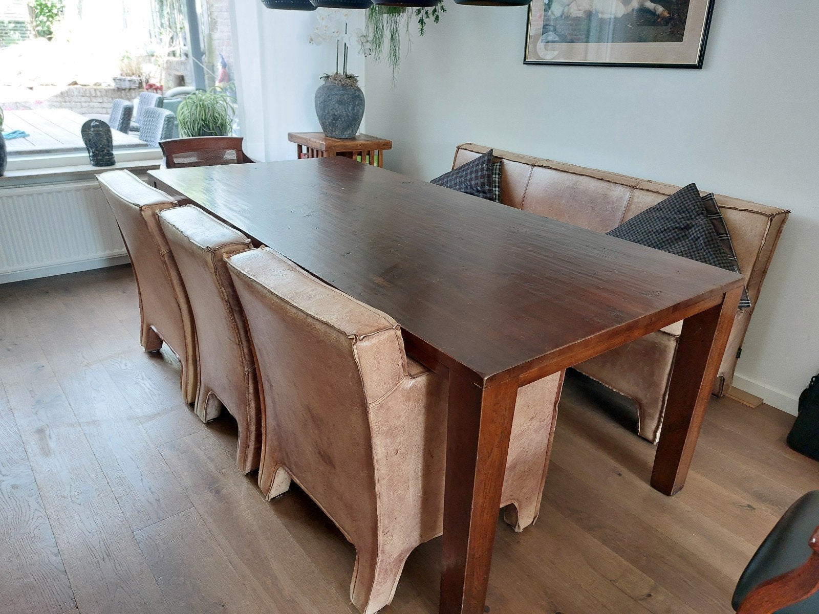 Leren eetkamerbank, fauteuil en stoelen - Lifestyle, Ophalen, Gebruikt, Leer, Lifestyle