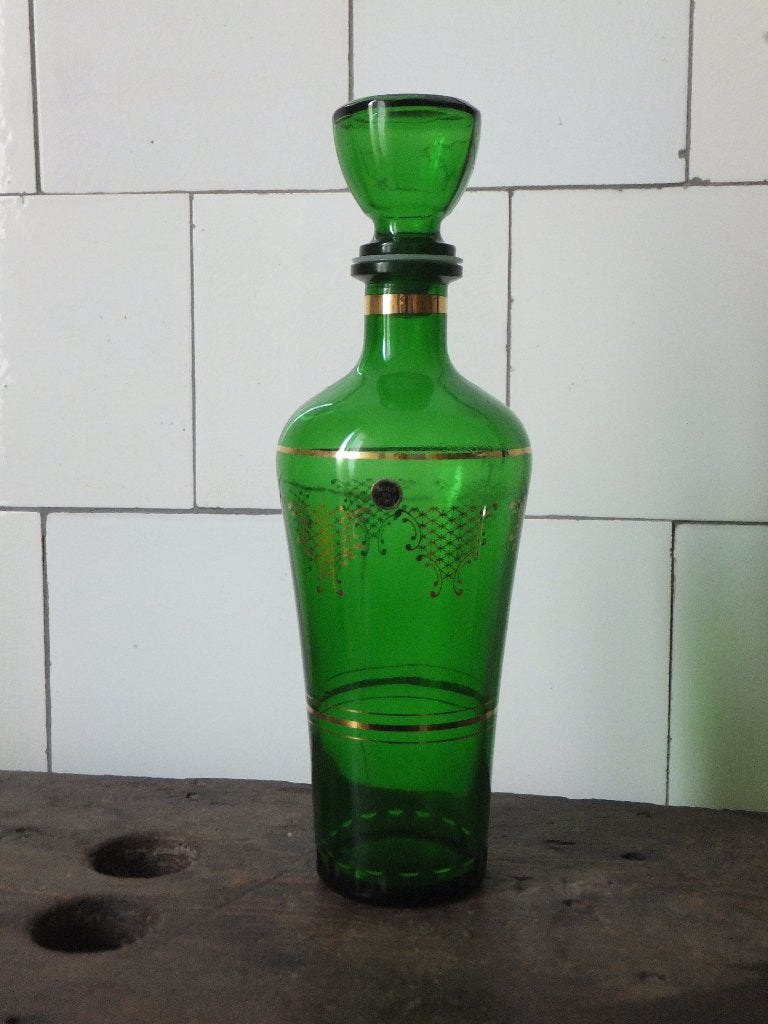vintage karaf made in italy groen glas goud verguld elegant, Antiek en Kunst, Antiek | Glas en Kristal, Ophalen of Verzenden