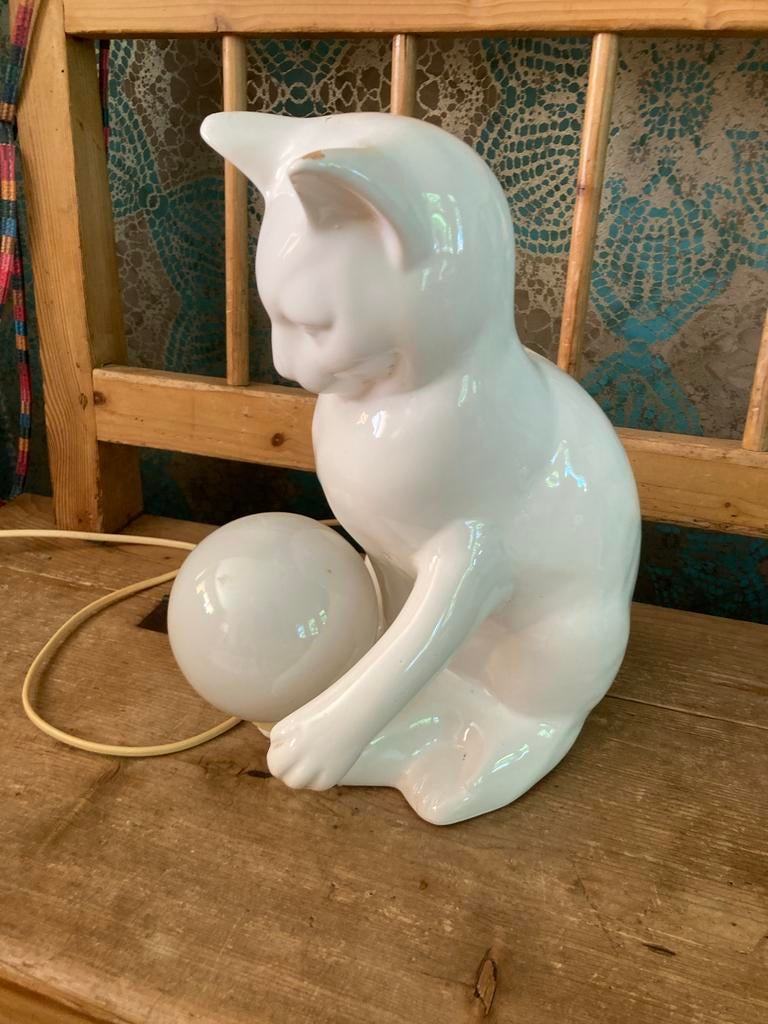 Vintage Kattenlamp - Keramiek - Wit, Antiek en Kunst, Ophalen of Verzenden