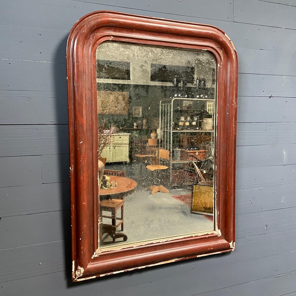 Grote oude bordeaux rode biedermeier spiegel antiek sleets, Ophalen, Overige vormen, 50 tot 100 cm, 100 tot 150 cm