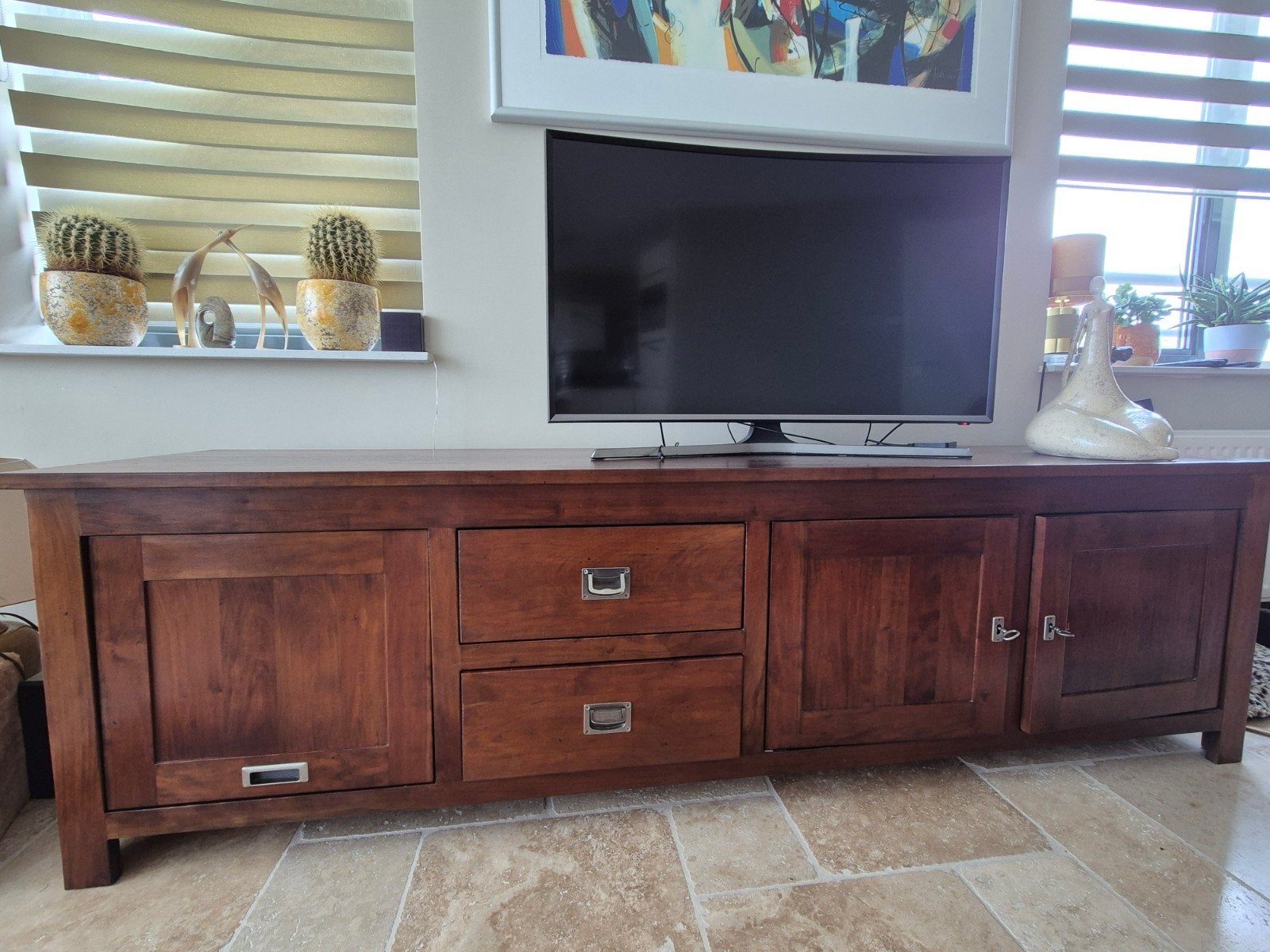 TV Dressoir Kersenhout met 4 Vakken en 2 Diepe Laden, Gebruikt, 150 tot 200 cm, Ophalen of Verzenden, Minder dan 100 cm
