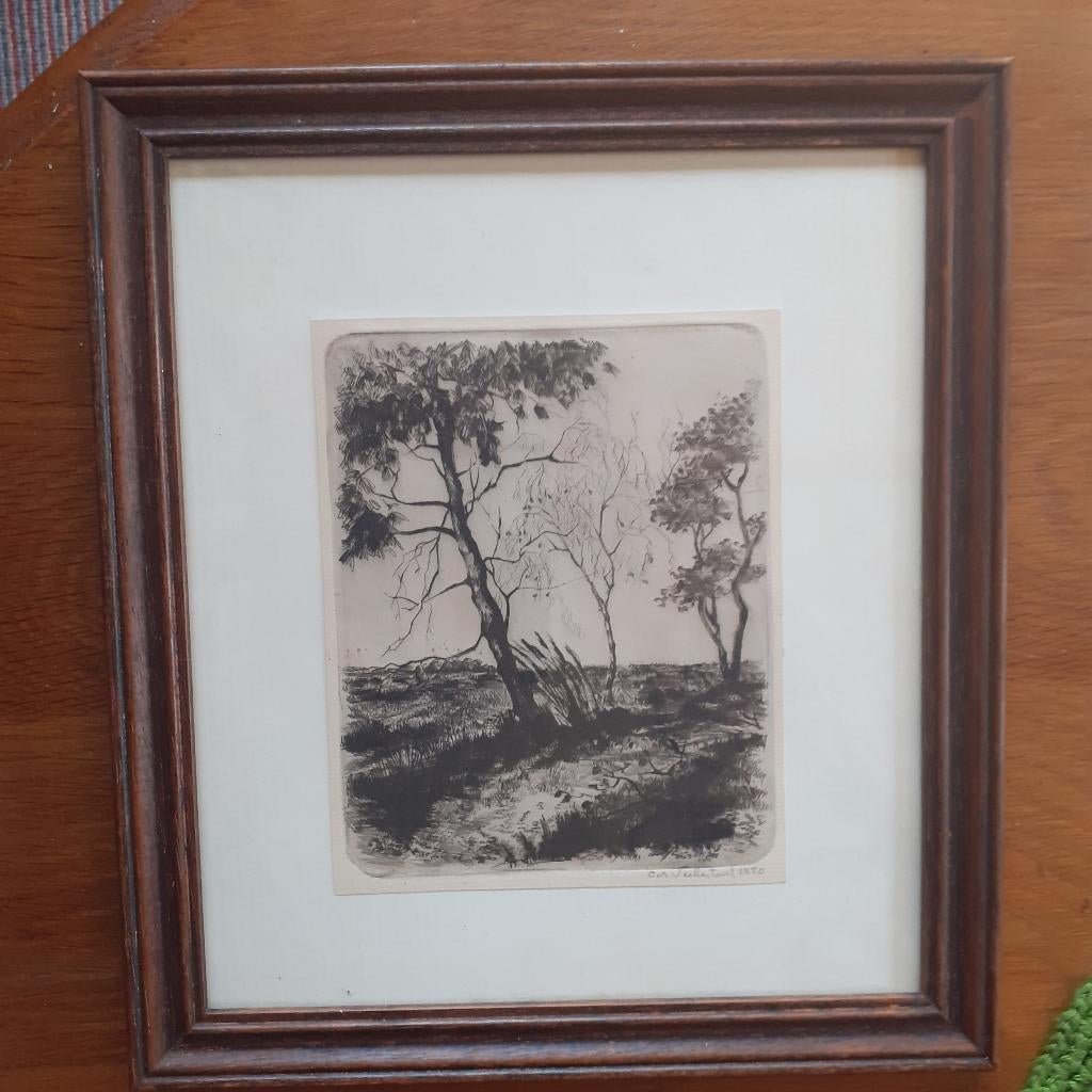 Gesigneerd en gedateerd 1950  -  heidelandschap - ets., Antiek en Kunst, Kunst | Etsen en Gravures, Ophalen of Verzenden, 14 cm