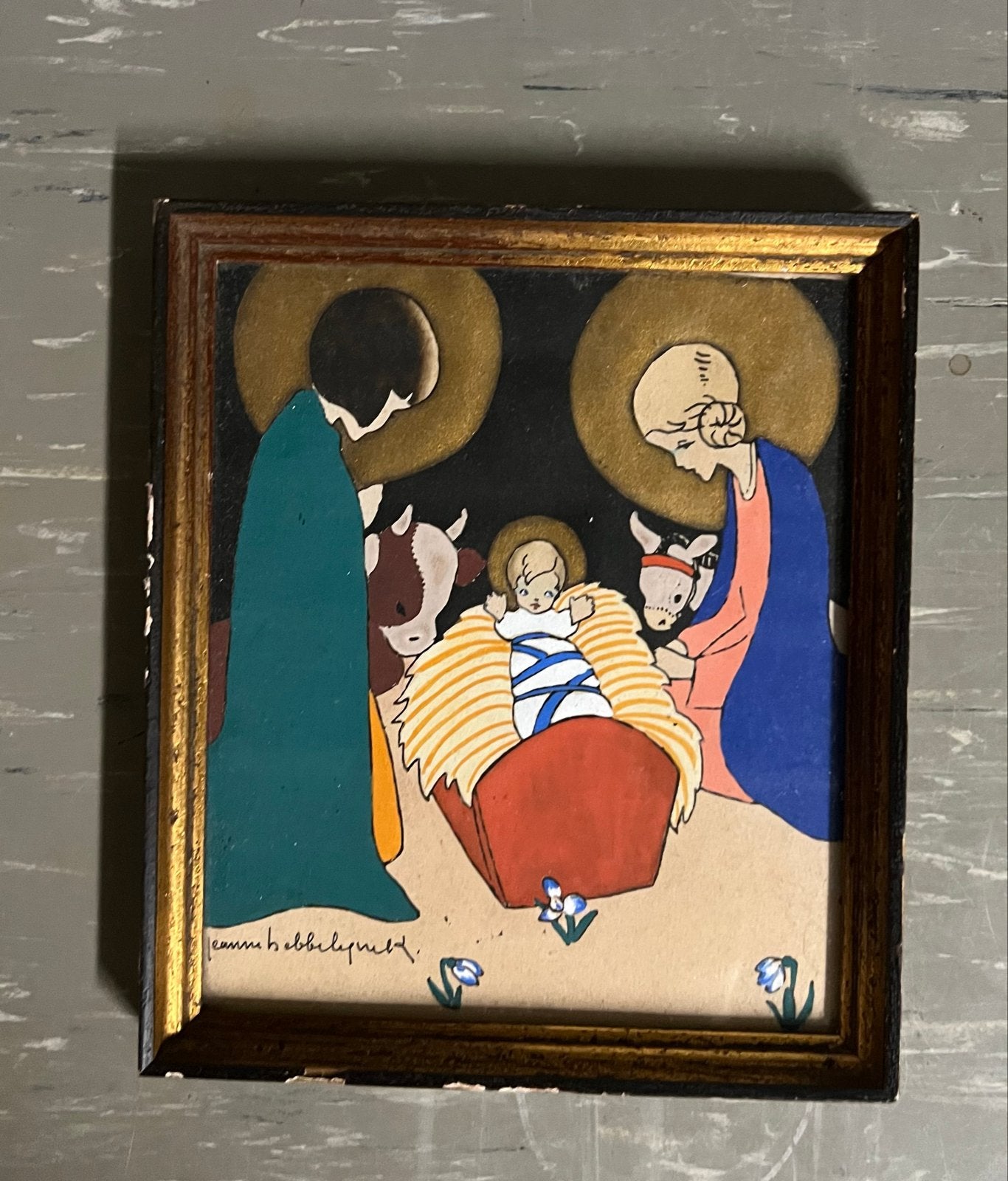 Kerststal schilderij van Emma Ebbeling, Paneel, Ophalen of Verzenden, Gesigneerd, Olieverf