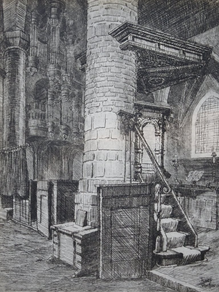 Ets interieur Protestantse kerk Rijswijk, Kees Verhoeven, Religie, Origineel, 1950 - 1999, Verzenden
