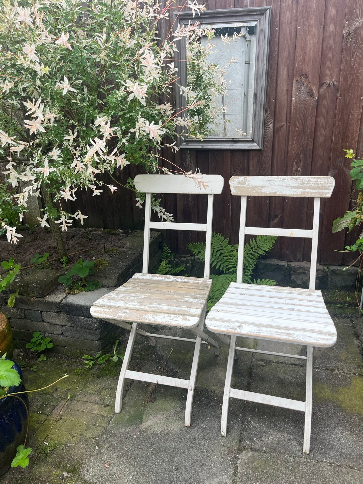 Bistro stoelen, inklapbare tuinstoelen, wit hout en metaal, Ophalen, Gebruikt, Hout, Inklapbaar