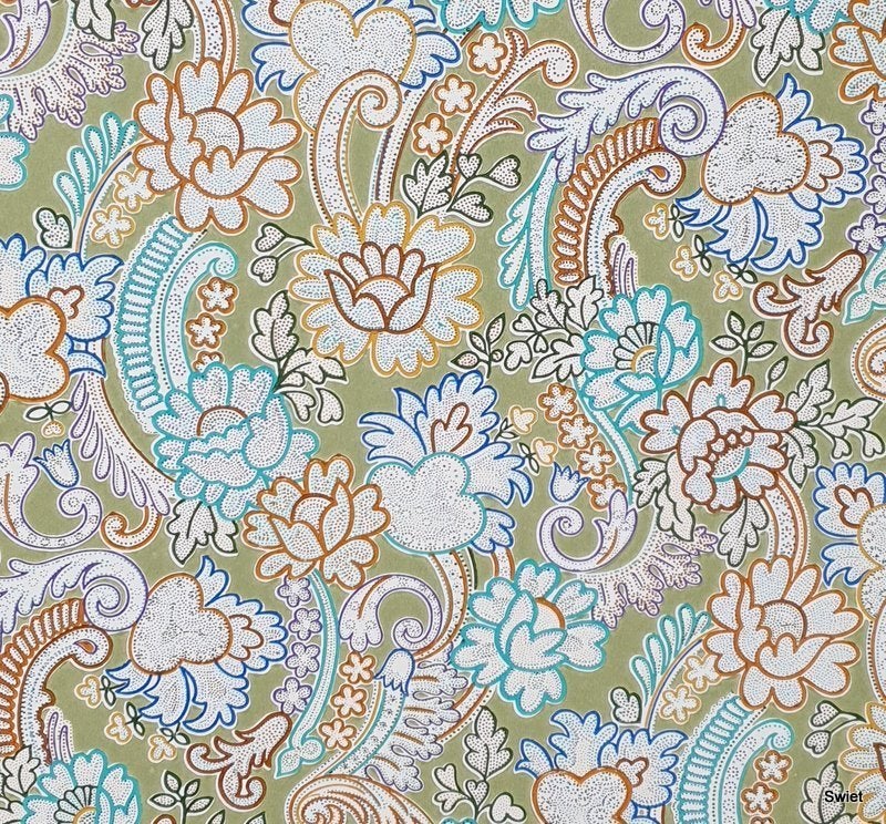 13288 Bloemen behang met paisley in kaki en turquoise swiet, Ophalen of Verzenden, Groen