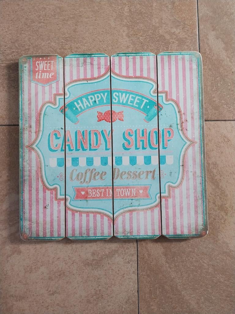 Vintage "Candy Shop" wanddecoratie, roze/blauw, Ophalen, Gebruikt, Hout, Vintage