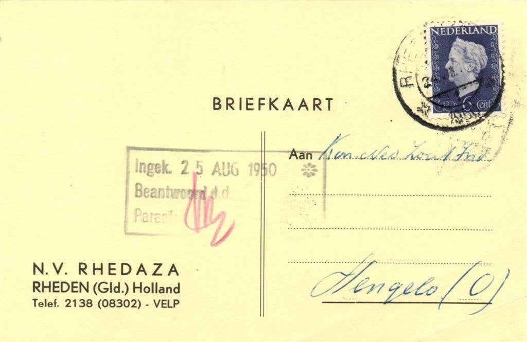 NV RHEDAZA, Rheden [Gld.] - 08.1950 - briefkaart, Ophalen of Verzenden, Briefkaart