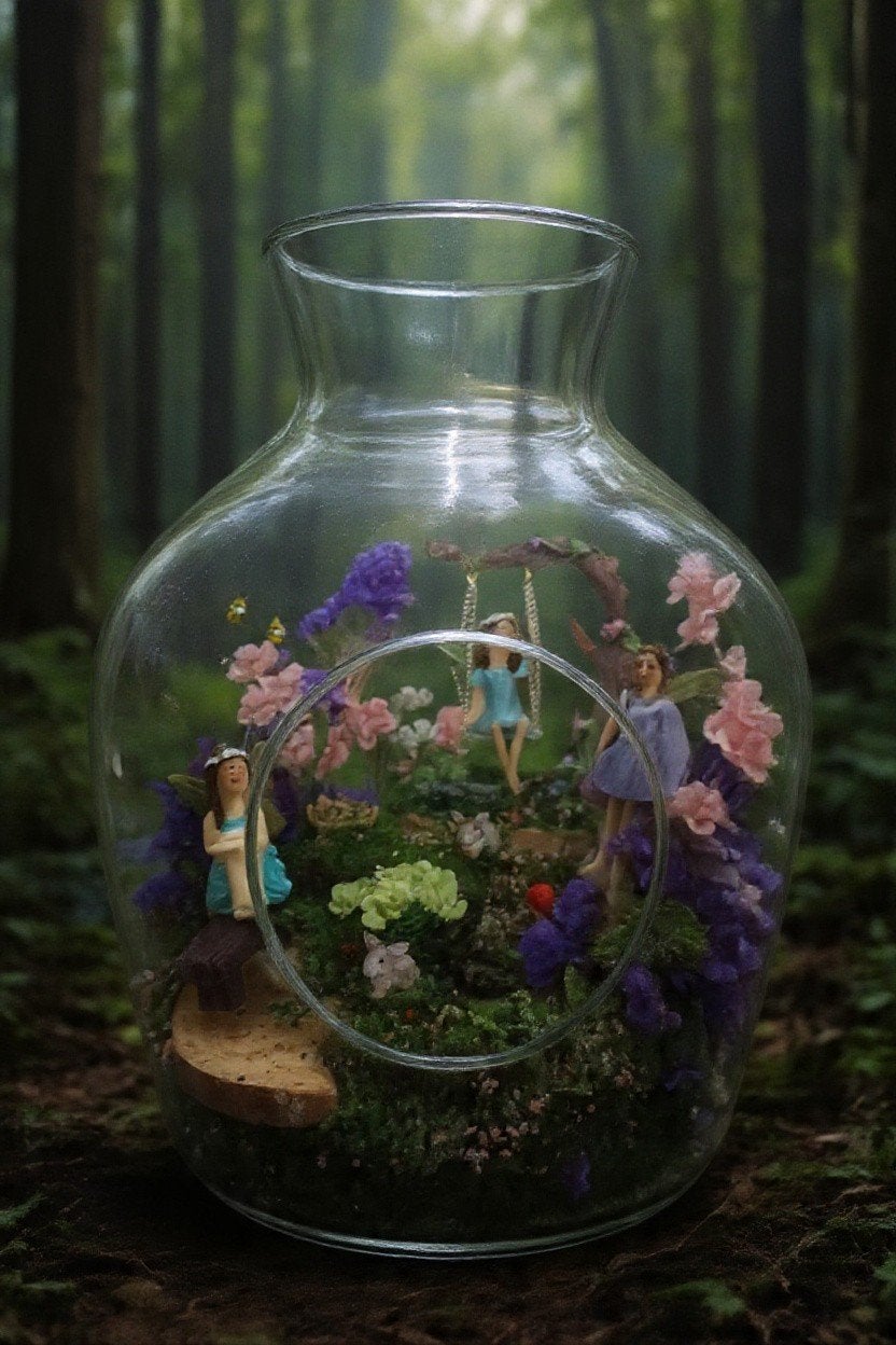 Betoverende Terrarium met Feeën en Bloemen, Meerkleurig, Overige stijlen, Ophalen of Verzenden, Zo goed als nieuw