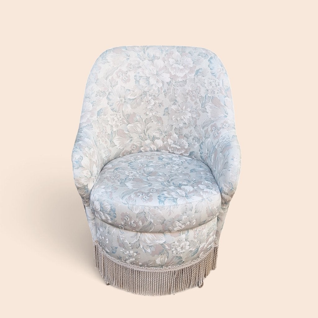 Vintage Fauteuil met Bloemenprint en Franjes, Ophalen, Gebruikt, Onbekend, 75 tot 100 cm