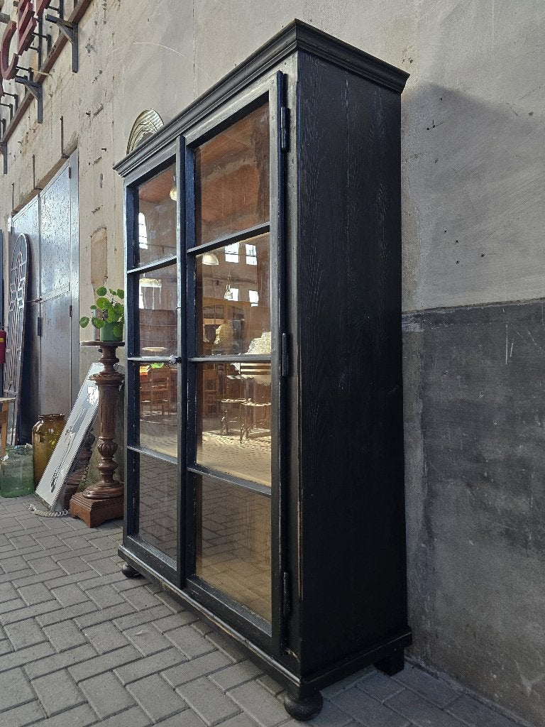 XL Vintage Houten Vitrinekast Zwart | Grote Vitrine Kast 3, Antiek Retro Vintage Brocante Landelijk, Grenenhout, 150 tot 200 cm