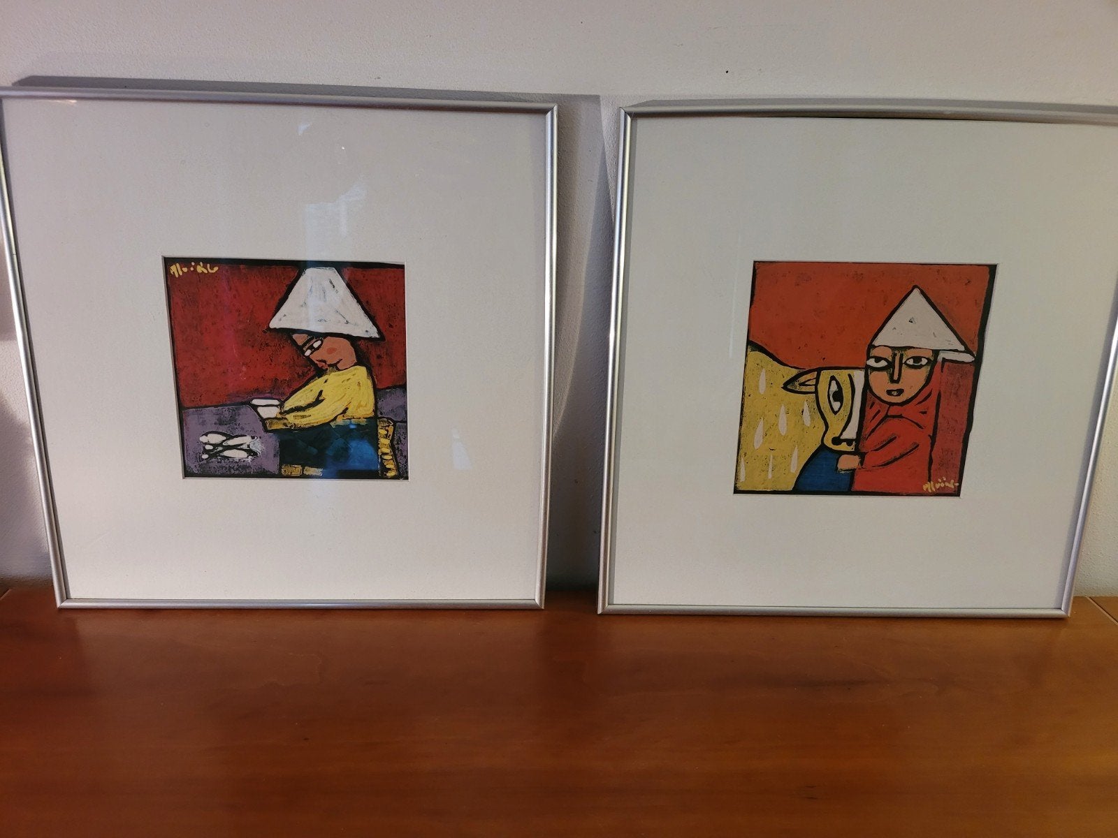2x echt schilderij modern primaire kleuren Cobra gesigneerd, Figuren, Achter glas, Papier/karton, Ophalen of Verzenden