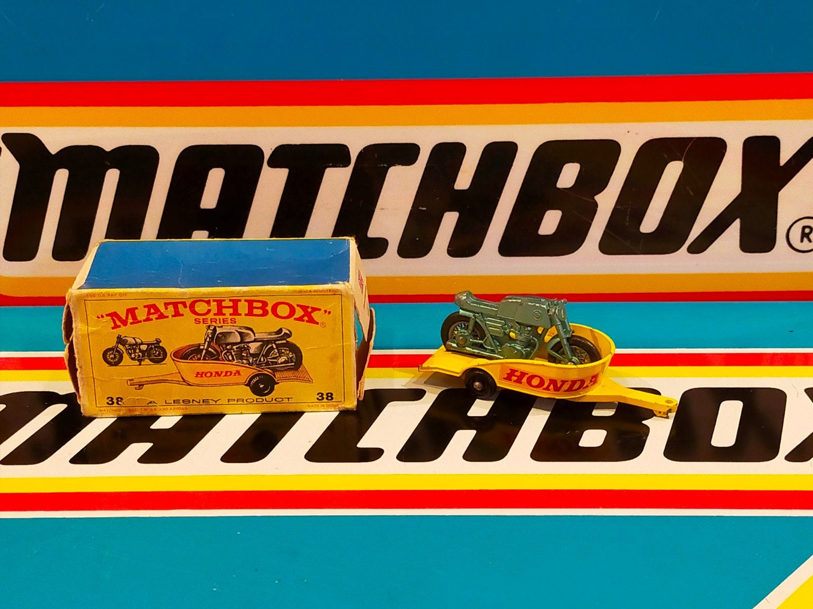 Lesney Matchbox MB 38 Honda motor en trailer gratis doosje, Ophalen of Verzenden, Gebruikt, Overige typen, Lesney