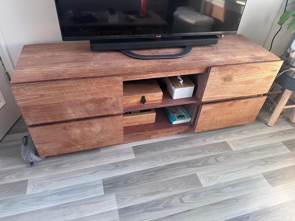 Teak houten tv meubel, Huis en Inrichting, Kasten | Televisiemeubels, Ophalen, Gebruikt, 100 tot 150 cm, Minder dan 100 cm