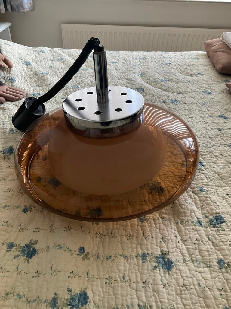 Vintage hanglamp - Oranje/bruin glas met chroom, Ophalen of Verzenden, Gebruikt, Glas, 50 tot 75 cm