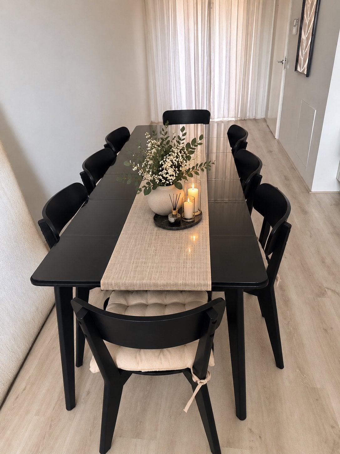 IKEA LISABO Eettafel met 8 zwarte eetkamerstoelen, Ophalen, 50 tot 100 cm, Zo goed als nieuw, Vijf personen of meer
