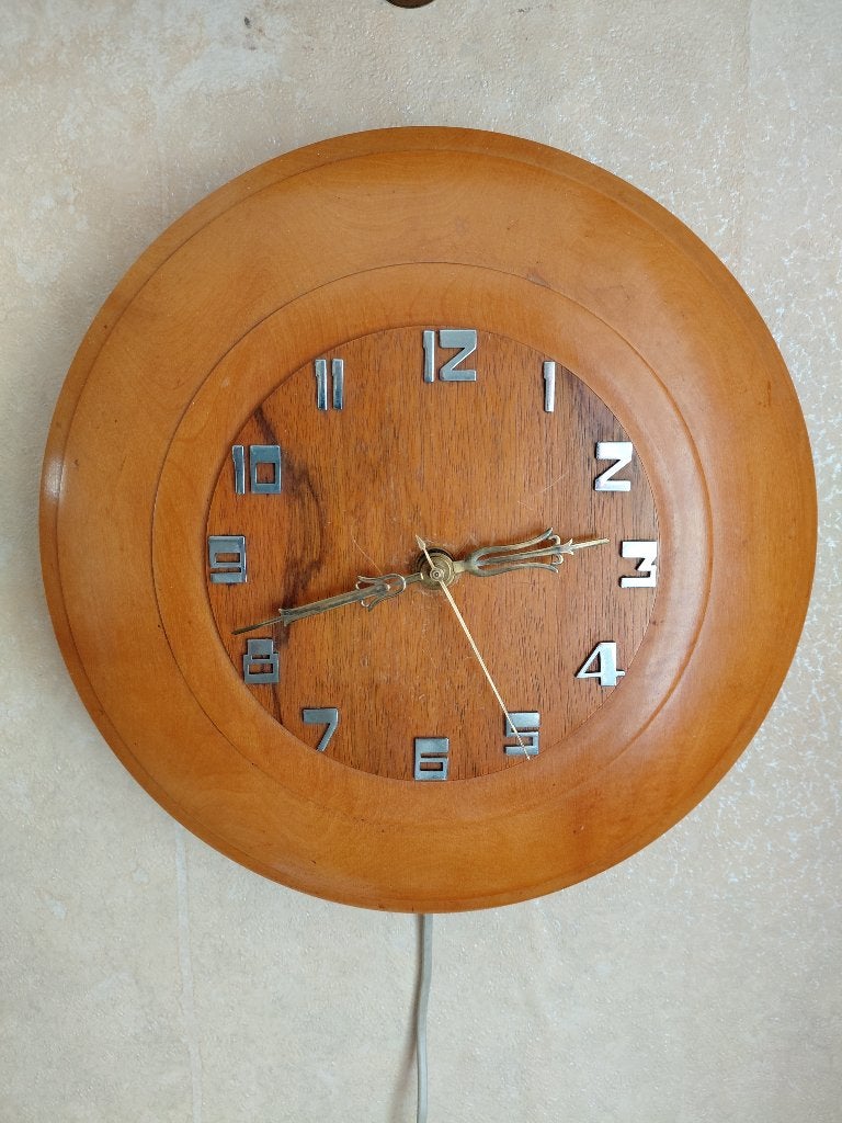 Art Deco houten electrische klok-diameter 32 cm., Antiek en Kunst, Antiek | Klokken, Verzenden