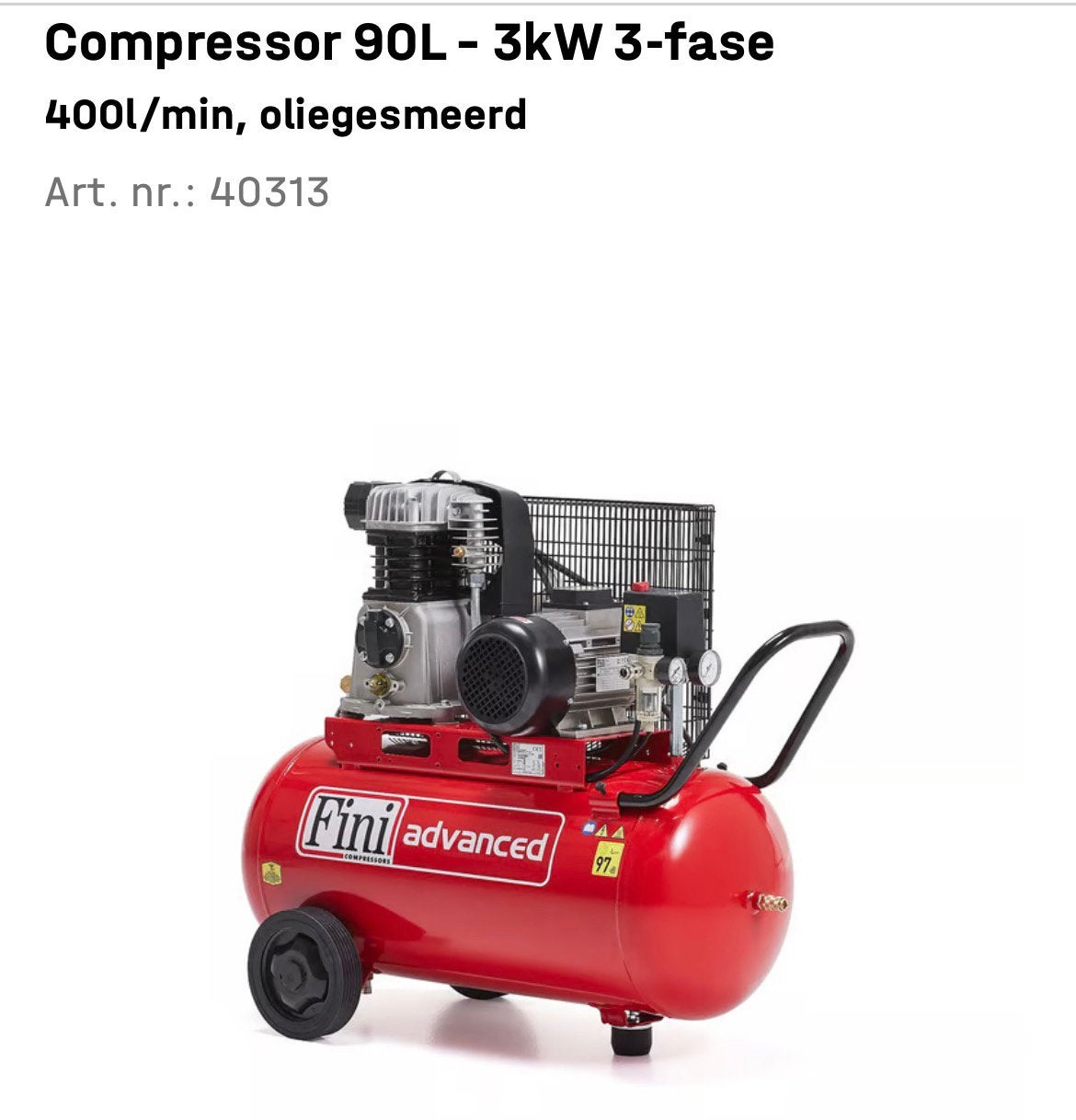 Fini Advanced lucht compressor 90liter 3kw 3fase 400l/min, Doe-het-zelf en Verbouw, Compressors, Ophalen, 6 tot 10 bar, 400 tot 800 liter/min