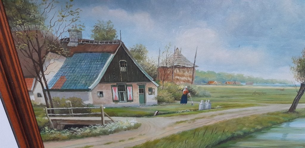Olieverfschilderij F. vd Burg – Hollands Landschap met Lijst, Ophalen