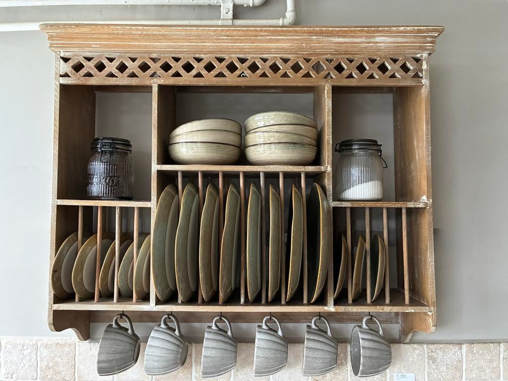 Houten Bordenrek met Opbergruimte en Haken, Gebruikt, Bordenrek, Hout, Ophalen of Verzenden