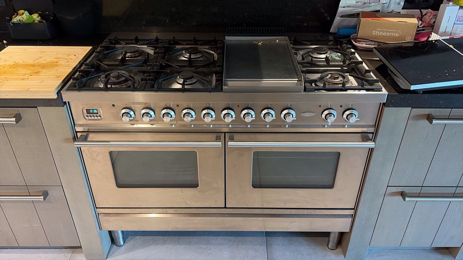 Boretti gasfornuis, dubbele oven, 6 pitten, frytop bakplaat, Witgoed en Apparatuur, Fornuizen, Gebruikt, Vrijstaand, Gas, 5 kookzones of meer